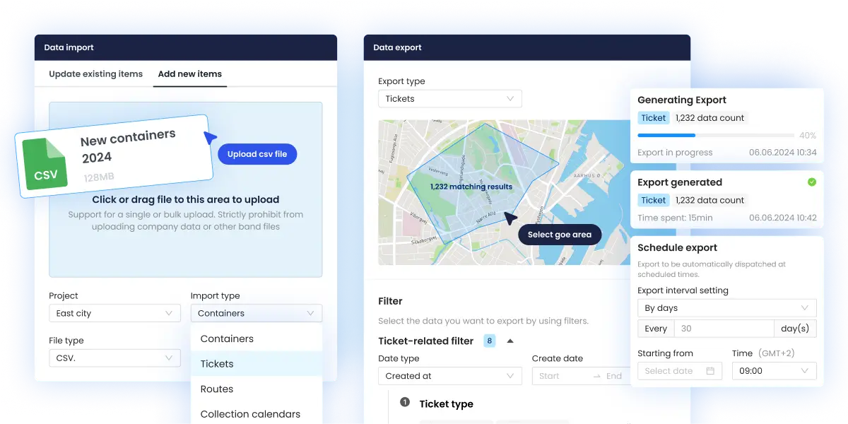 Customizable export and import data sheets