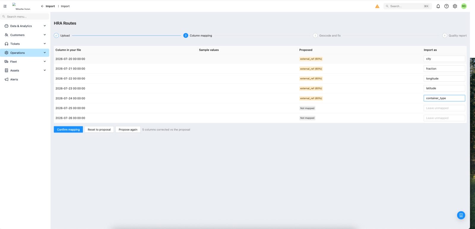 AI column mapping proposals with confidence per column