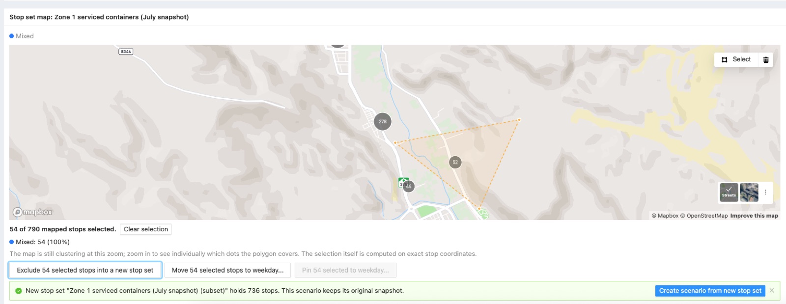 Stop set map with a polygon selection of real stops