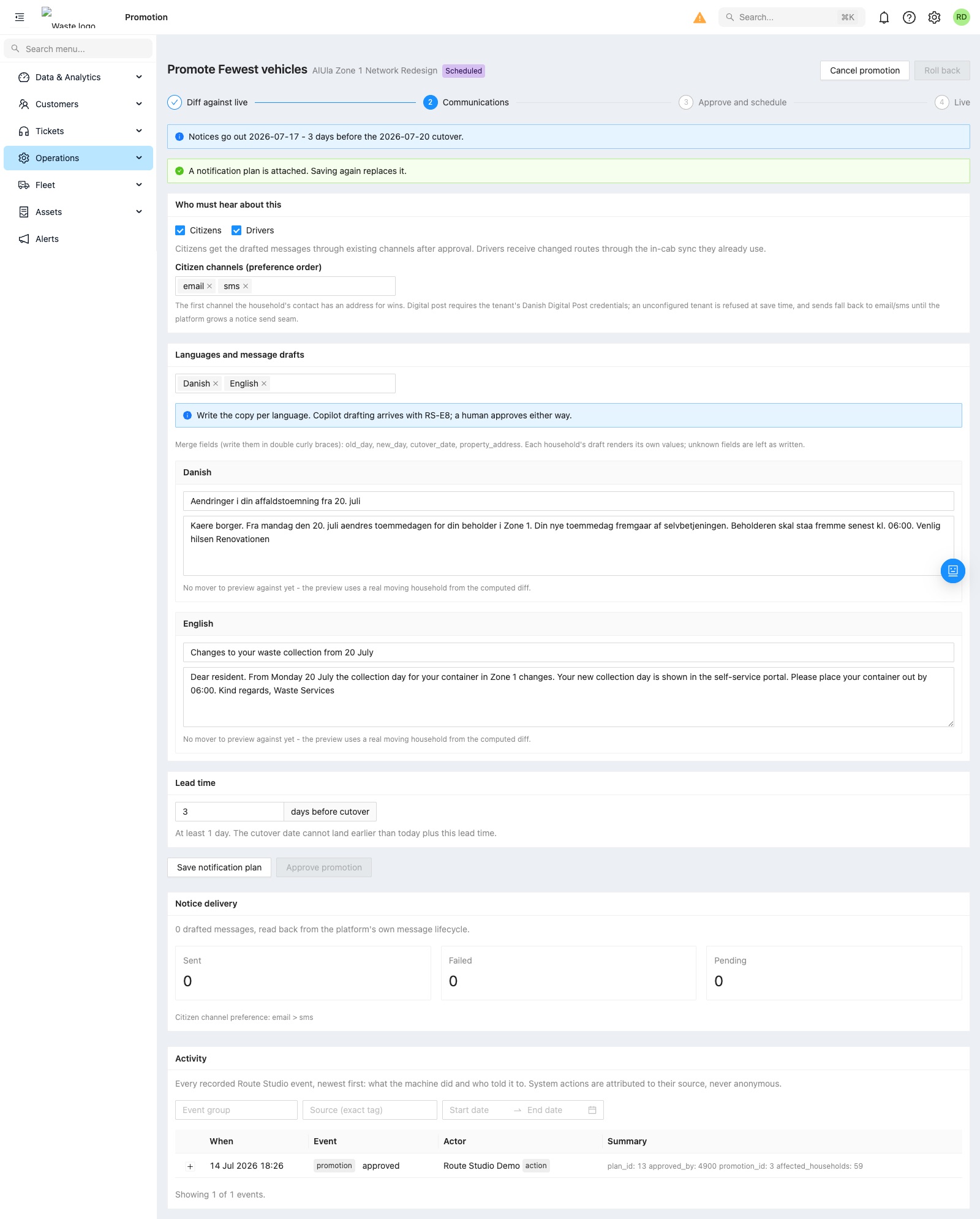 Promotion communications gate with customer notice drafts, lead time and the rollback control
